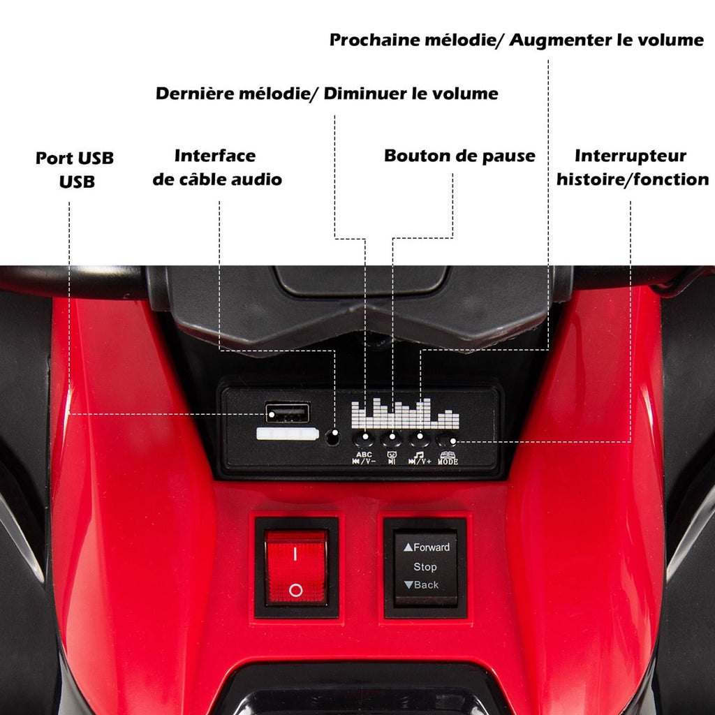 12V Quad Electrique Enfants avec Lumières LED et Musique Véhicule Electrique Enfants avec Démarrage Lent Charge 30kg 129 x 69 x 72 cm Noir/Rouge -