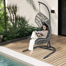 Load image into Gallery viewer, Chaise Oeuf en Rotin PE avec Support avec Oreiller et Coussin Chaise Suspendue avec Accessoires de Suspension Capacité 160 Kg Gris -