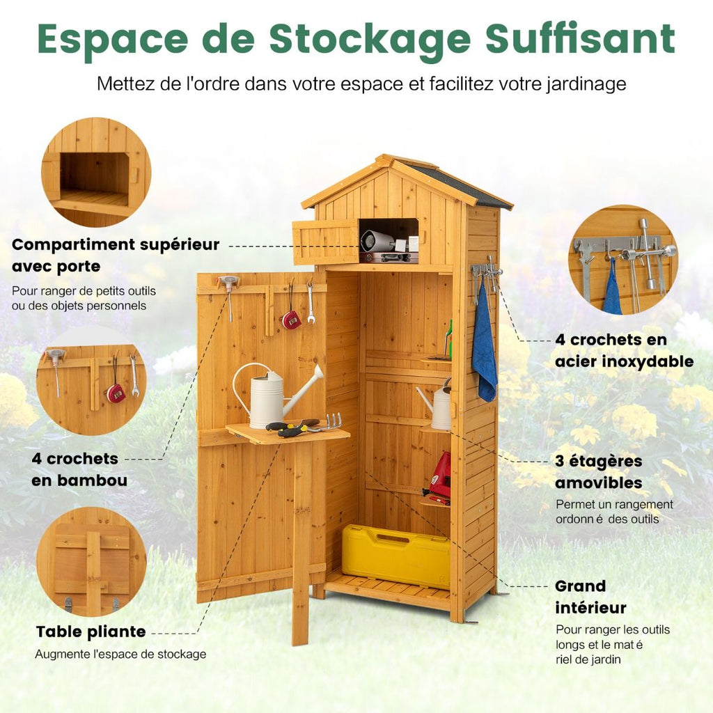 Armoire de Jardin en Bois Imperméable avec Toit Abri de Jardin avec Table Pliable Étagères et 8 Crochets 75x50x180,5CM -