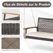 Load image into Gallery viewer, Banc Suspendu de Jardin en Rotin 2 Place Accoudoirs en Bois d'Acacia Cadre en Mtal Coussin Cordes Crochets Blanc/Noir -