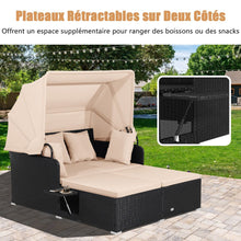 Load image into Gallery viewer, Chaise Longue à 2 Places en Rotin avec Auvent Rétractable Bain de Soleil avec Panneaux Latéraux Pliables Charge 360KG Beige/Gris -