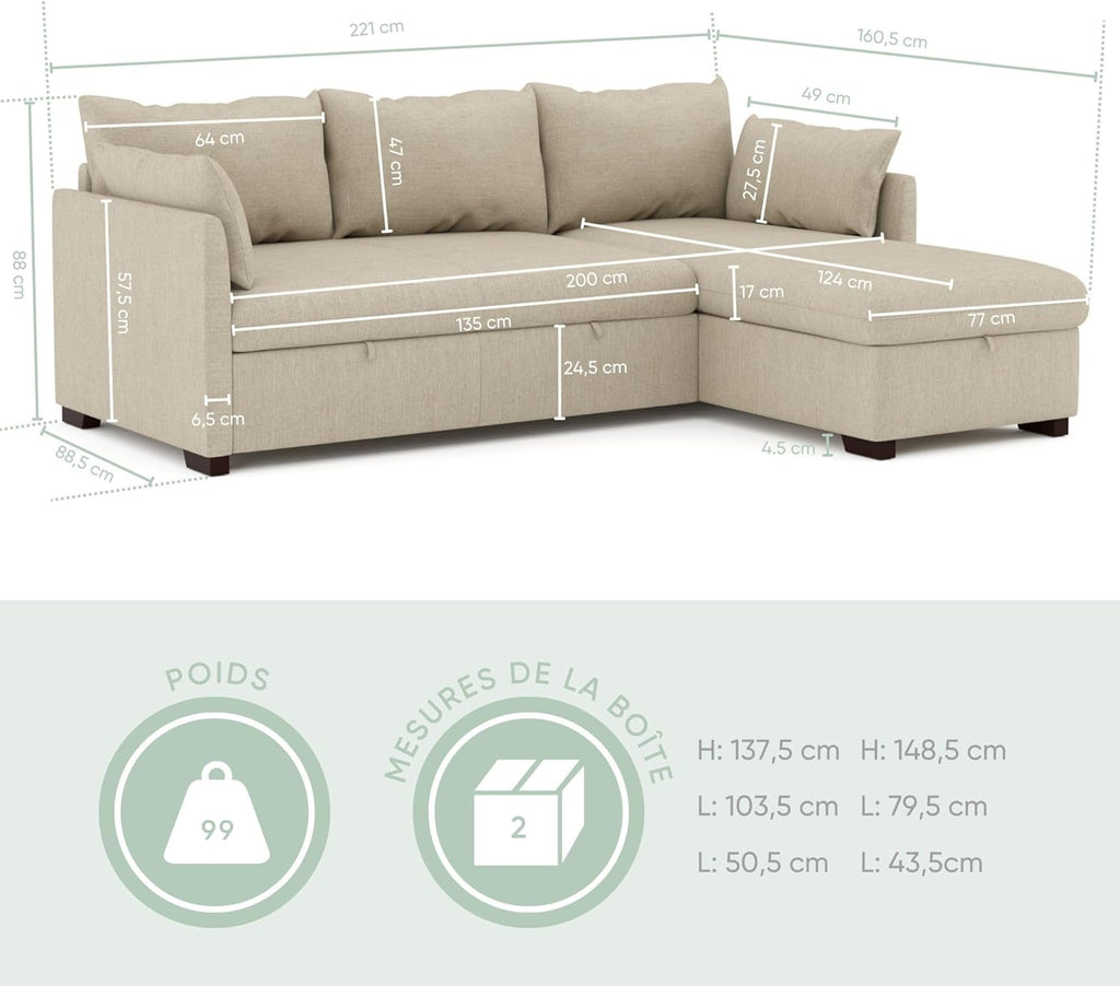 BUDWING Orlando Canapé Convertible d'angle Lit Chaise Longue Coffre Réversible Droite et Gauche Beige