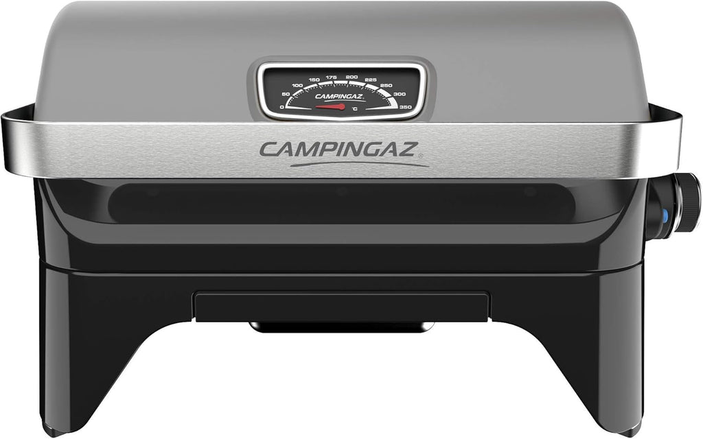 Attitude2go,Barbecue de Table  Faible fume,BBQ Portable, Couvercle,thermomtre,et Grille en Fonte,Alimentation : Cartouche de gaz CV 470 Plus,Gris