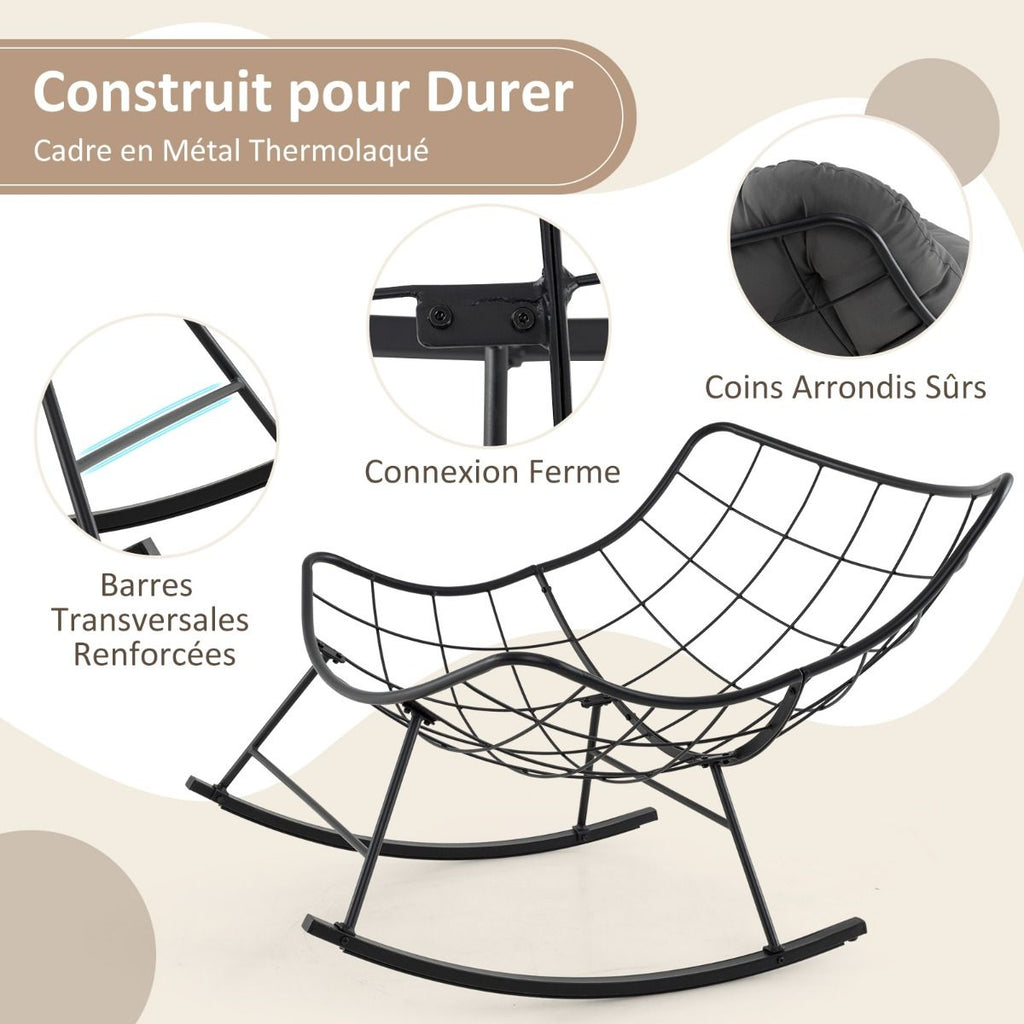 Chaise  Bascule d'Intrieur et d'Extrieur Chaise Papasan Surdimensionne avec Coussin Rembourr & Cadre en Mtal Capacit 205 Kg Gris -