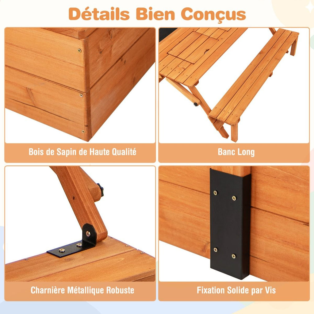 Bac à Sable en Bois pour Enfants avec Couvercle Aire de Jeux avec Table Sensorielle Pliable & Banc Parasol Ajustable pour 3+ Ans Naturel -