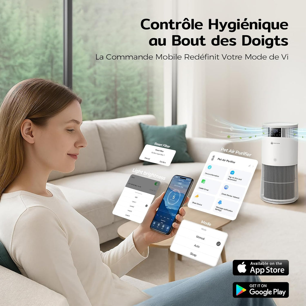 Amicura P2 Purificateur d'air Hepa pour Animaux et Personnes Allergiques, 843 m³/h CADR Contre les Poils d'animaux, Filtre Hospitalier H13 Hepa, 450 m³/h de Particules, Contrôle par App