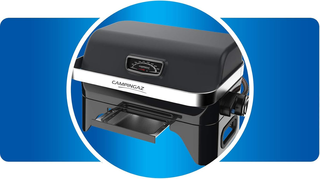 Attitude2go,Barbecue de Table à Faible fumée,BBQ Portable,à Couvercle,thermomètre,et Grille en Fonte,Alimentation : Cartouche de gaz CV 470 Plus,Gris