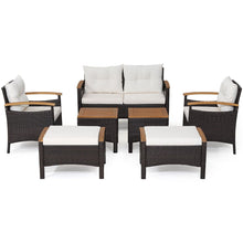 Load image into Gallery viewer, Ensemble de Canapés de Patio en Rotin PE 7 Pièces avec Coussins d'Assise et de Dossier 2 Poufs 2 Tables Basses Plateau de Table -