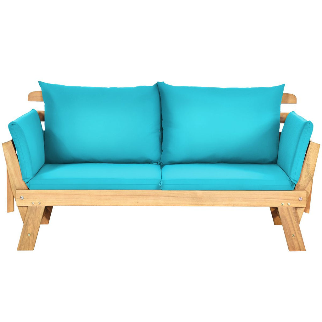 Chaise Longue Convertible avec Coussin Canapé de Jardin 2 en 1 en Bois d’Acacia avec Accoudoir Réglable pour Patio Piscine Jardin Blanc/Gris/Bleu/Rouge -