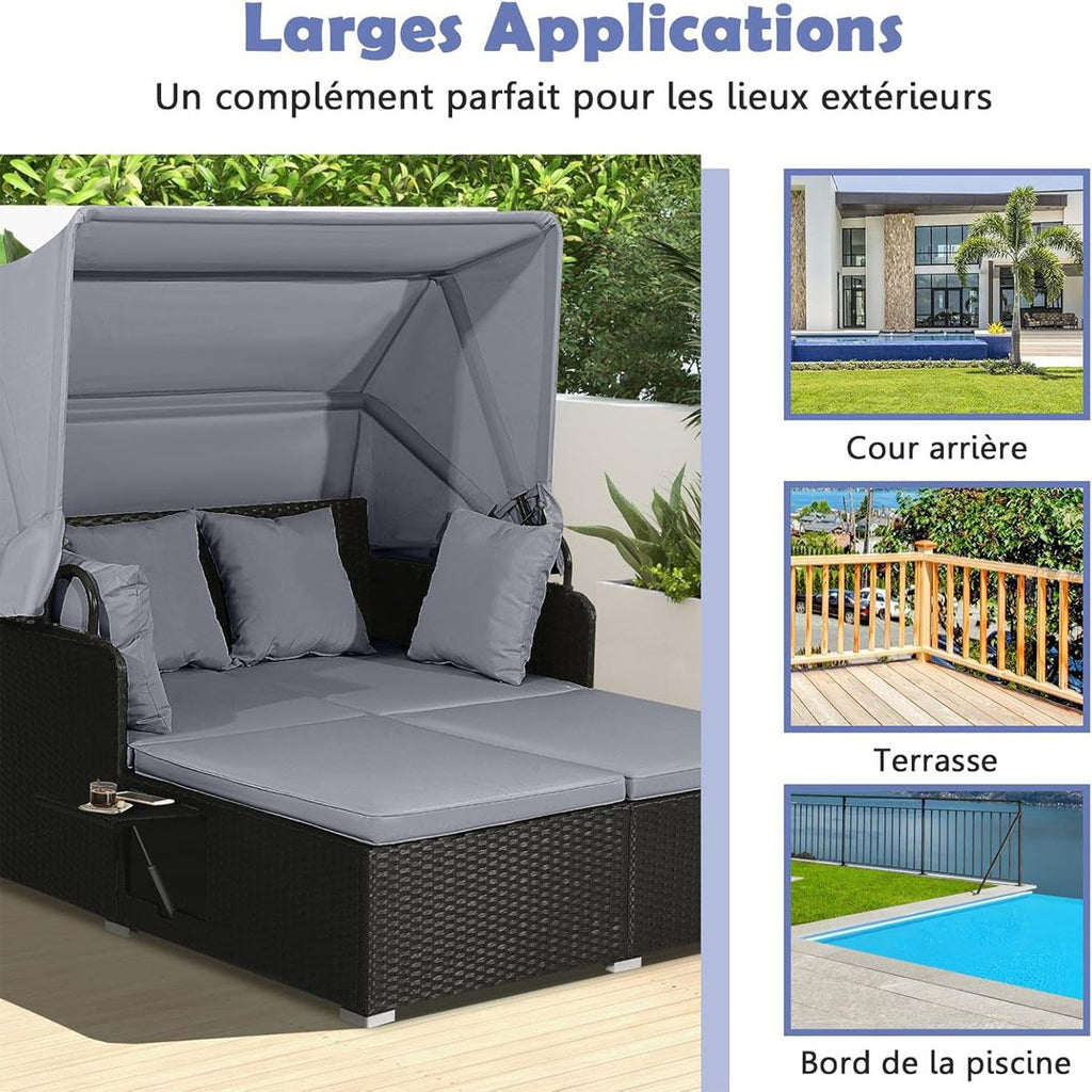 Chaise Longue à 2 Places en Rotin avec Auvent Rétractable Bain de Soleil avec Panneaux Latéraux Pliables Charge 360KG Beige/Gris -
