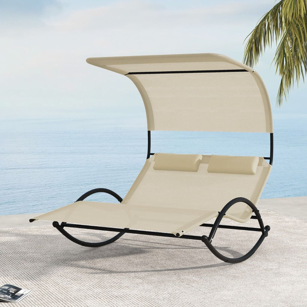 Chaise Longue Double Chaise  Bascule pour 2 Personnes 2 Appui-T锚tes Amovibles Cadre en Mtal Robuste Lit de Repos Ergonomique 2 Places Gris/Noir/Beige -