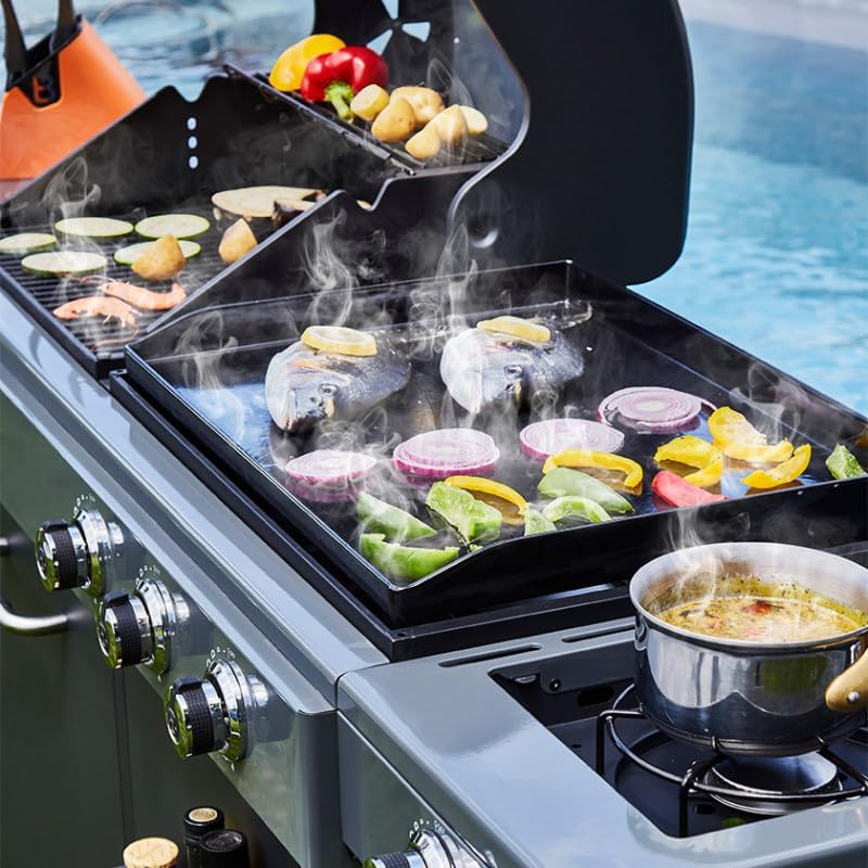 BRASERO - Barbecue Bi-Energy Gun Metal XL - Barbecue Charbon et Plancha 60 x 42 cm à gaz avec brûleur latéral -12,95 KW