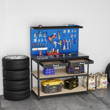 Load image into Gallery viewer, Établi de Bricolage 121 x 61 cm Table de Travail en Métal de 230 kg avec 3 Panneaux Perforés 24 Accessoires de Suspension Noir/Bleu Marine -