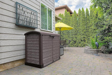 Load image into Gallery viewer, Duramax StoreAway 1200L Plastic Garden Shed/ Flat Lid,Outdoor Storage Shed,Wheelie Bin Hideaways,Wheelie bin box,Durable Construction,Ideal for Bikes,BBQs &amp; 2x 240L Bins,145x85x125 cm,Brown