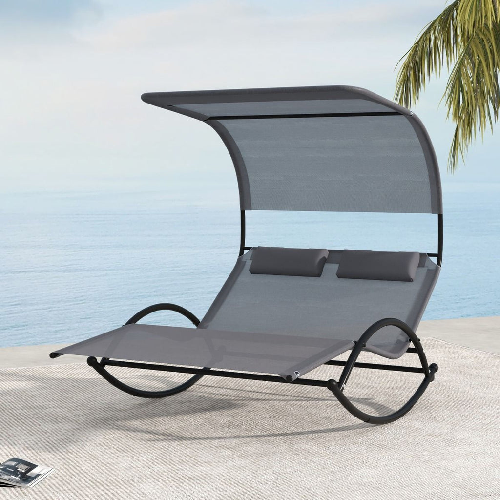 Chaise Longue Double Chaise à Bascule pour 2 Personnes 2 Appui-Têtes Amovibles Cadre en Métal Robuste Lit de Repos Ergonomique 2 Places Gris/Noir/Beige -