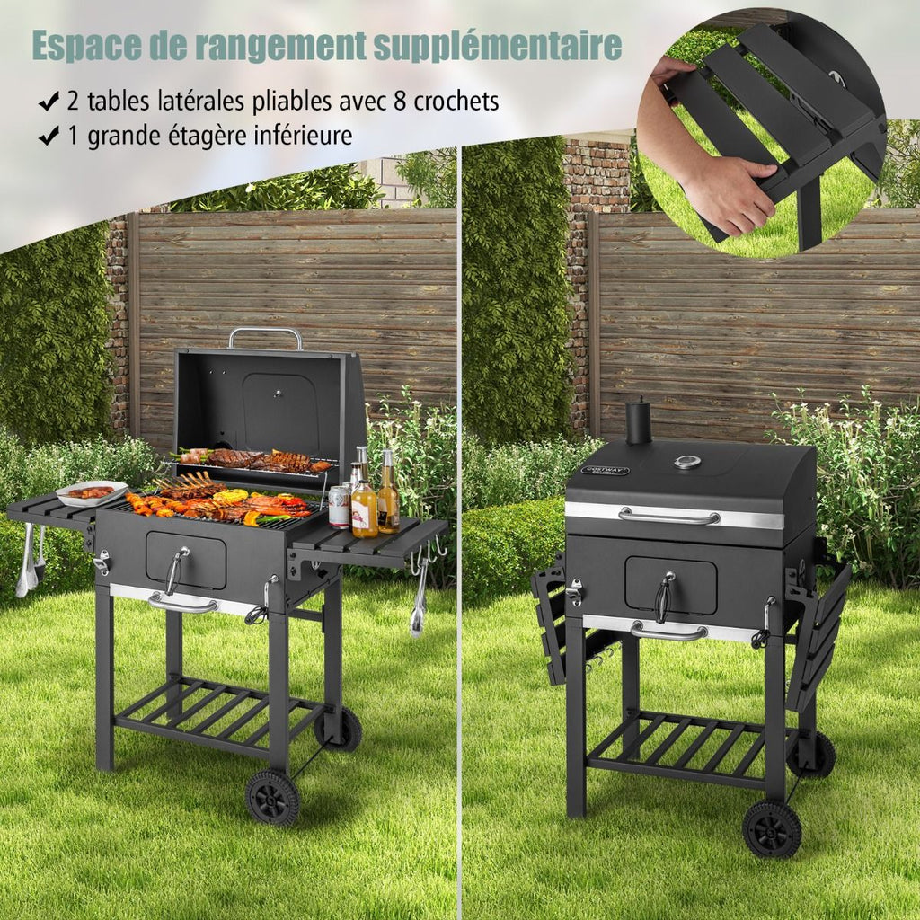 Barbecue  Charbon de Bois Portable avec 2 Tables d'Appoint Noir -