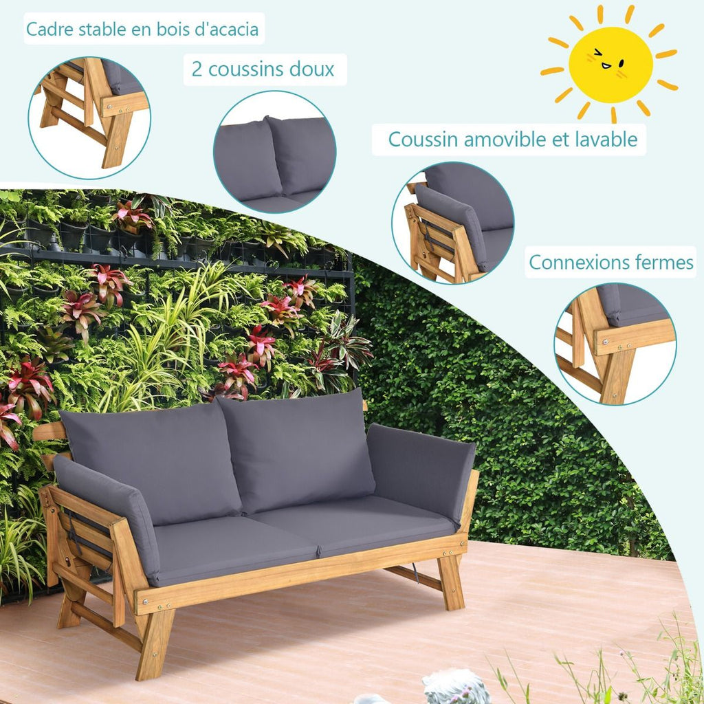 Chaise Longue Convertible avec Coussin Canapé de Jardin 2 en 1 en Bois d’Acacia avec Accoudoir Réglable pour Patio Piscine Jardin Blanc/Gris/Bleu/Rouge -