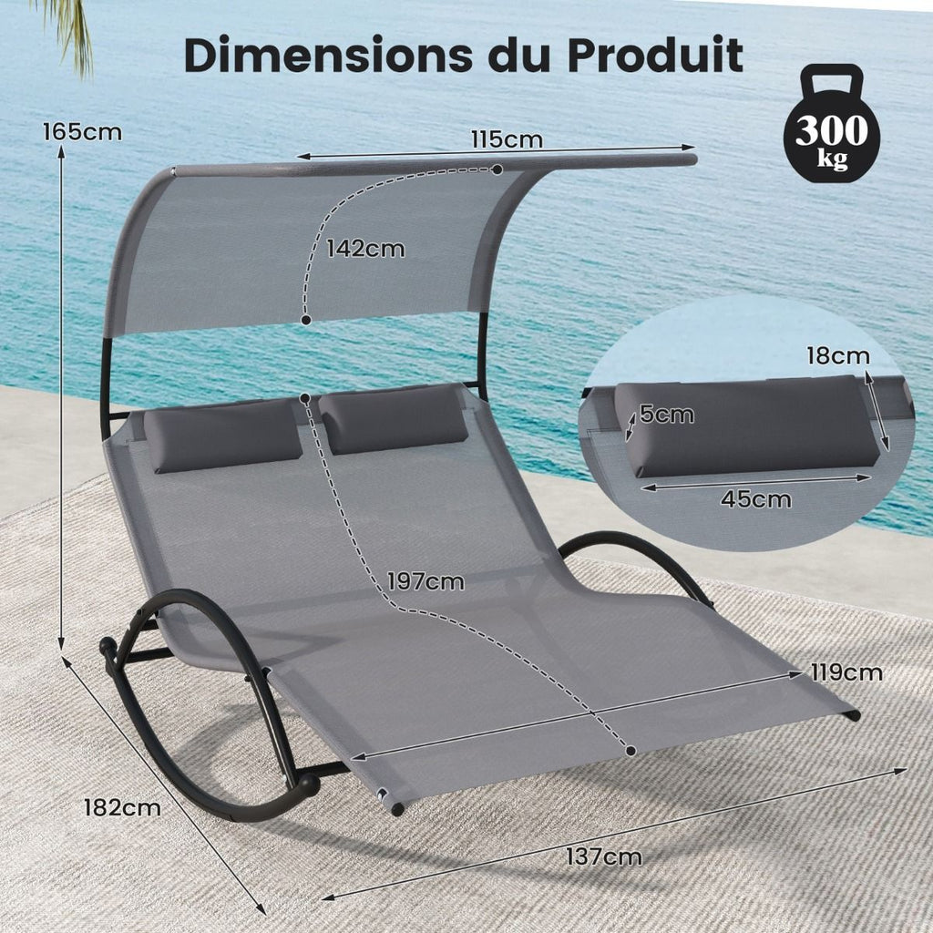 Chaise Longue Double Chaise  Bascule pour 2 Personnes 2 Appui-T锚tes Amovibles Cadre en Mtal Robuste Lit de Repos Ergonomique 2 Places Gris/Noir/Beige -