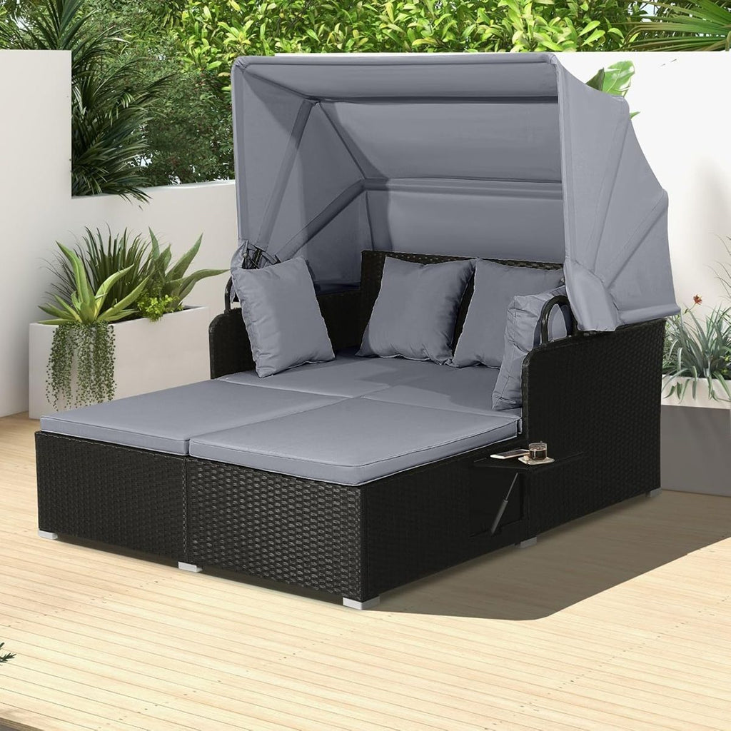 Chaise Longue à 2 Places en Rotin avec Auvent Rétractable Bain de Soleil avec Panneaux Latéraux Pliables Charge 360KG Beige/Gris -