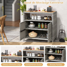 Load image into Gallery viewer, Armoire de Rangement Exterieur en Rotin Armoire de Jardin avec Plateau en Bois d'Acacia Compartiment Ouvert Buffet  2 Portes -