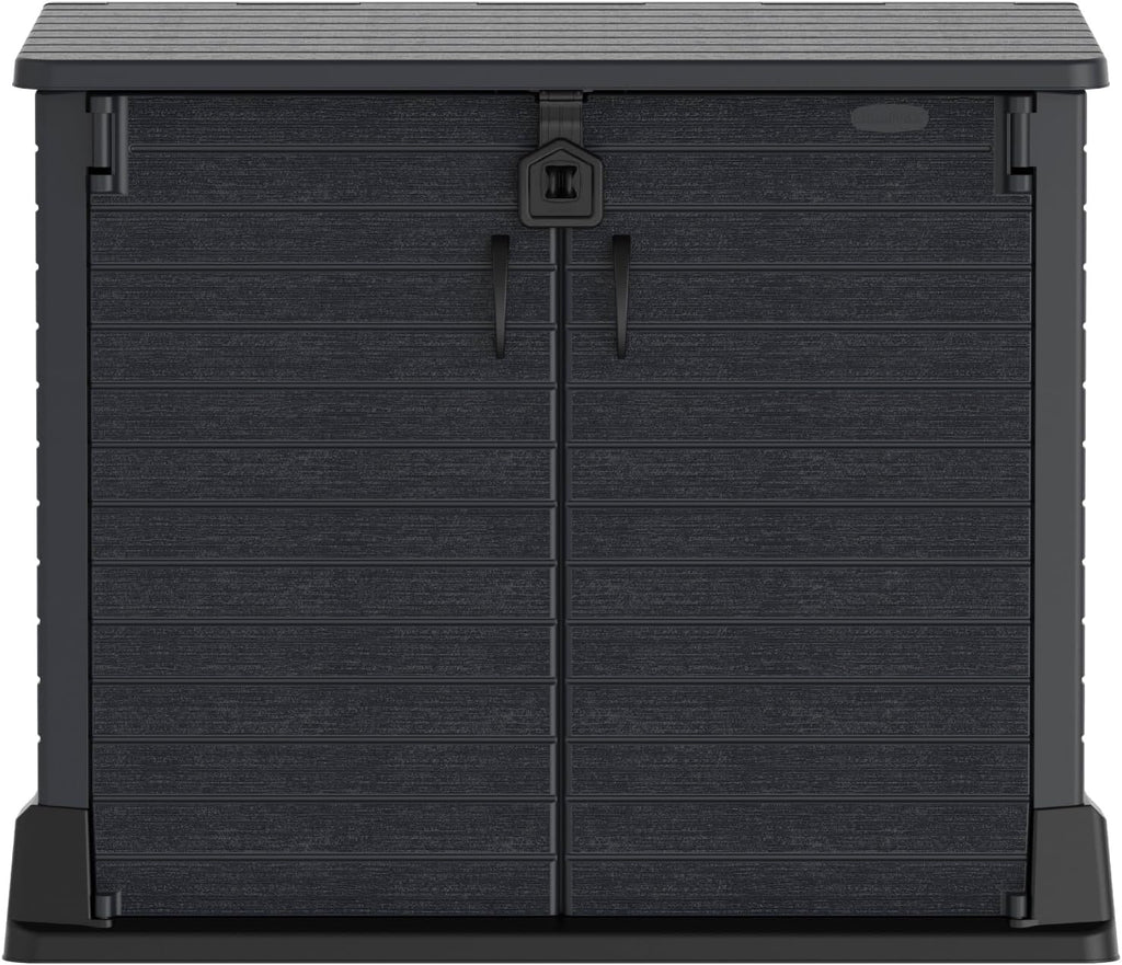 Duramax StoreAway 1200L Plastic Garden Shed/ Flat Lid,Outdoor Storage Shed,Wheelie Bin Hideaways,Wheelie bin box,Durable Construction,Ideal for Bikes,BBQs & 2x 240L Bins,145x85x125 cm,Brown