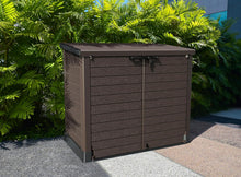 Load image into Gallery viewer, Duramax StoreAway 1200L Plastic Garden Shed/ Flat Lid,Outdoor Storage Shed,Wheelie Bin Hideaways,Wheelie bin box,Durable Construction,Ideal for Bikes,BBQs &amp; 2x 240L Bins,145x85x125 cm,Brown