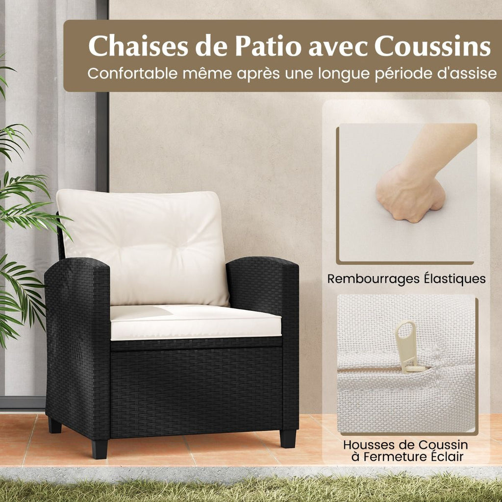 Ensemble de Meubles 3 Pices de Patio en Rotin Charge 180KG Salon de Jardin 2 Fauteuils Table Basse avec Plateau Noir/Beige/Blanc -