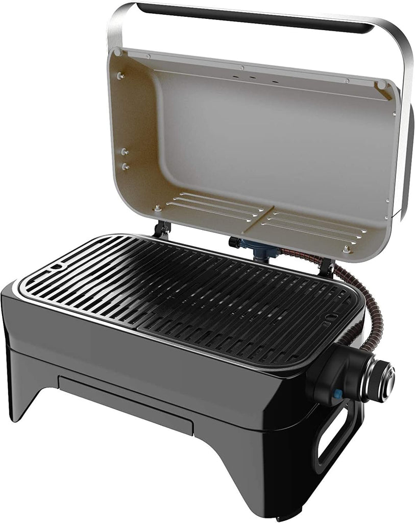 Attitude2go,Barbecue de Table à Faible fumée,BBQ Portable,à Couvercle,thermomètre,et Grille en Fonte,Alimentation : Cartouche de gaz CV 470 Plus,Gris