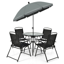 Load image into Gallery viewer, Ensemble Salon de Jardin 6 Pcs 4 Chaises Pliantes Table Basse en Verre et Parasol pour Terrasse Piscine Cour Noir -