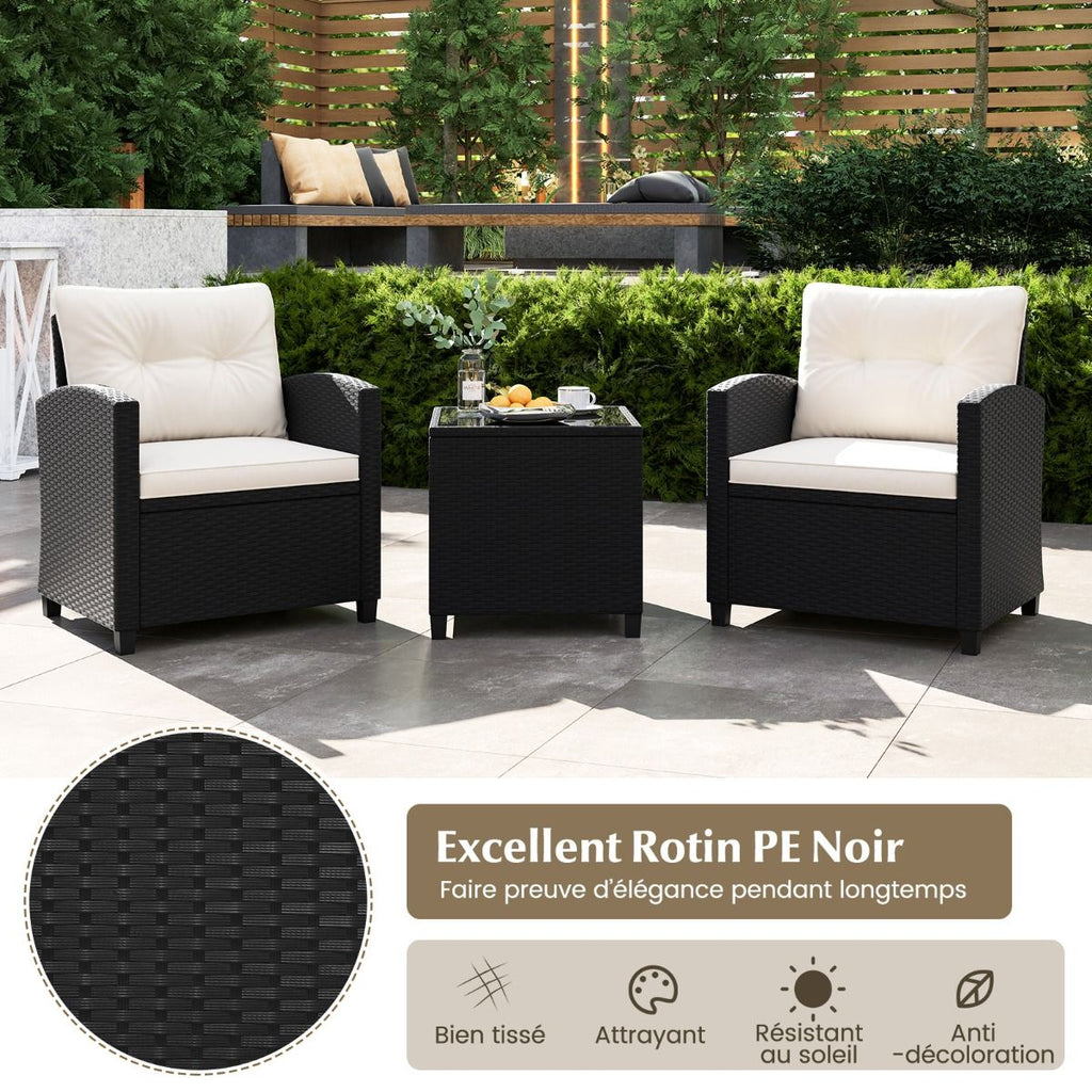 Ensemble de Meubles 3 Pices de Patio en Rotin Charge 180KG Salon de Jardin 2 Fauteuils Table Basse avec Plateau Noir/Beige/Blanc -