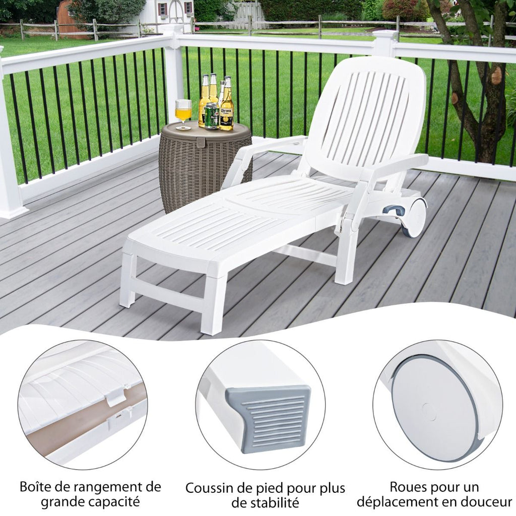 Chaise Longue Inclinable Rglable  5 Positions avec Roues Flexibles Fauteuil Relax de Camping avec Bo卯te de Rangement Charge 150KG Blanc -