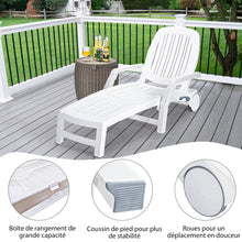 Load image into Gallery viewer, Chaise Longue Inclinable Rglable  5 Positions avec Roues Flexibles Fauteuil Relax de Camping avec Bo卯te de Rangement Charge 150KG Blanc -