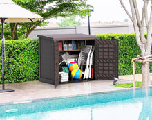 Load image into Gallery viewer, Duramax StoreAway 1200L Plastic Garden Shed/ Flat Lid,Outdoor Storage Shed,Wheelie Bin Hideaways,Wheelie bin box,Durable Construction,Ideal for Bikes,BBQs &amp; 2x 240L Bins,145x85x125 cm,Brown