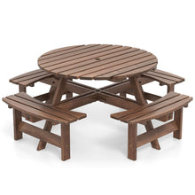 Load image into Gallery viewer, Ensemble Table de Pique-Nique en Bois pour 2  8 Personnes Set Table et Banc Circulaire avec 4 Bancs Intgrs Trou de Parasol de 5cm Marron/Jaune -