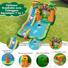 Load image into Gallery viewer, 7 en 1 Château Gonflable Tropical à Thème Singe &amp; Palmier avec Toboggan Aquatique avec Piscine &amp; 50 Boules Charge 90kg pour 2 Enfants de 3-10 Ans -