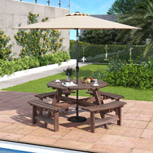 Load image into Gallery viewer, Ensemble Table de Pique-Nique en Bois pour 2  8 Personnes Set Table et Banc Circulaire avec 4 Bancs Intgrs Trou de Parasol de 5cm Marron/Jaune -