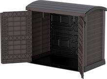 Load image into Gallery viewer, Duramax StoreAway 1200L Plastic Garden Shed/ Flat Lid,Outdoor Storage Shed,Wheelie Bin Hideaways,Wheelie bin box,Durable Construction,Ideal for Bikes,BBQs &amp; 2x 240L Bins,145x85x125 cm,Brown