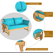 Load image into Gallery viewer, Chaise Longue Convertible avec Coussin Canapé de Jardin 2 en 1 en Bois d’Acacia avec Accoudoir Réglable pour Patio Piscine Jardin Blanc/Gris/Bleu/Rouge -