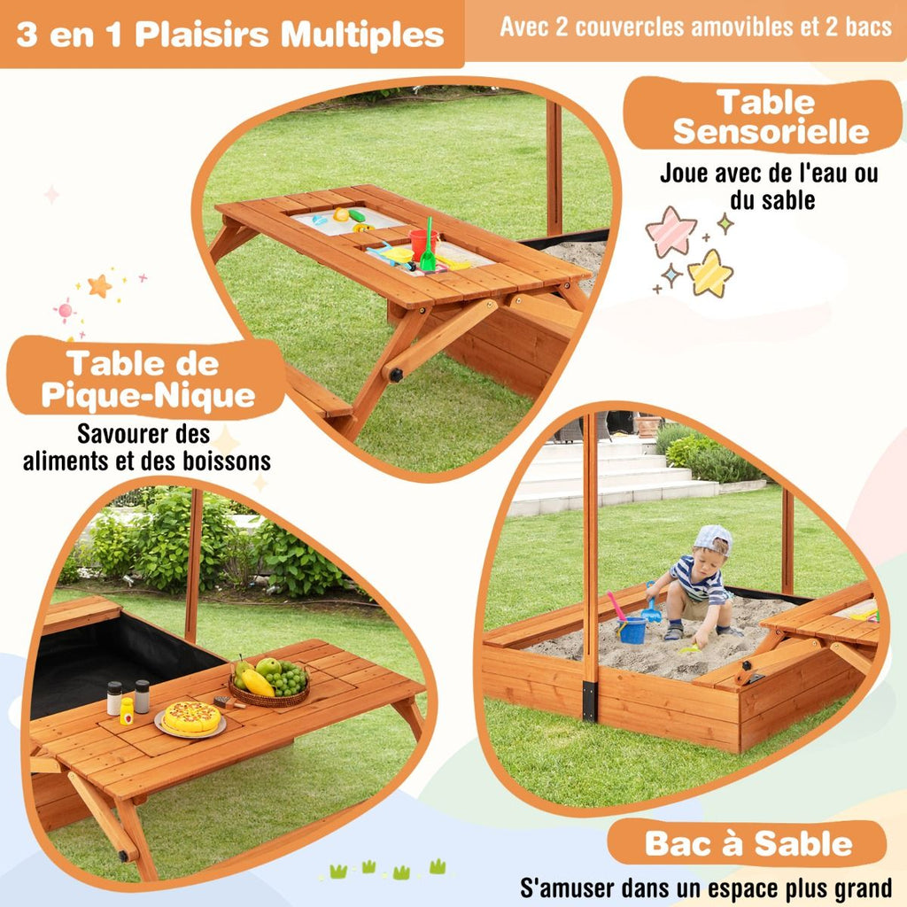 Bac à Sable en Bois pour Enfants avec Couvercle Aire de Jeux avec Table Sensorielle Pliable & Banc Parasol Ajustable pour 3+ Ans Naturel -