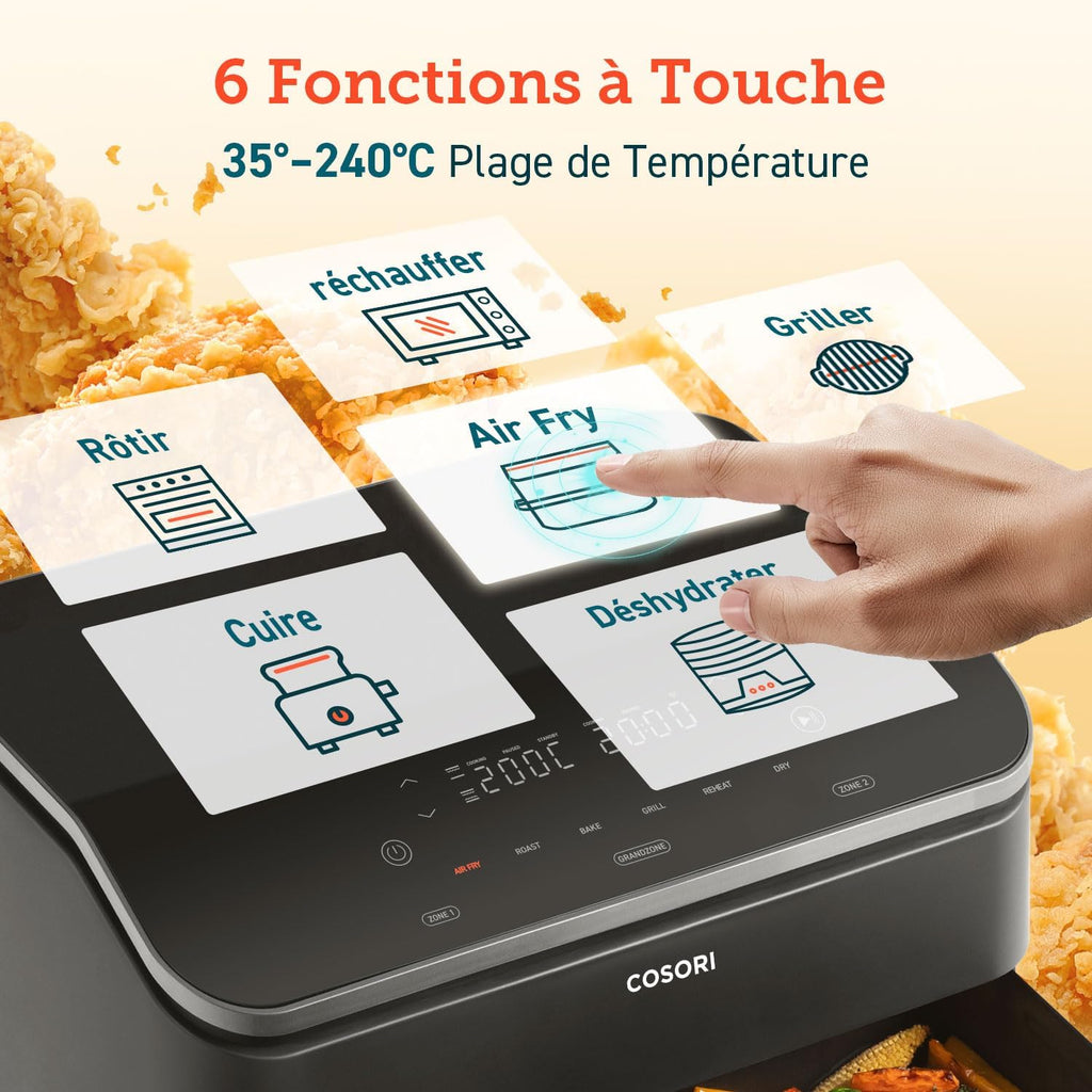 COSORI Air Fryer 10L Twinfry,Dual Zone Avec Sparateur Amovible,Capacit Flexible de 10L,Friteuse sans Huile 6-en-1,35鈩240鈩66% d'nergie en Moins,Livre de Recettes et Application