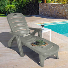 Load image into Gallery viewer, Chaise Longue Pliable Dossier Inclinable à 5 Positions avec Roues Intégrées pour Terrasse Jardin Piscine 150 kg Gris/Blanc/Bleu -