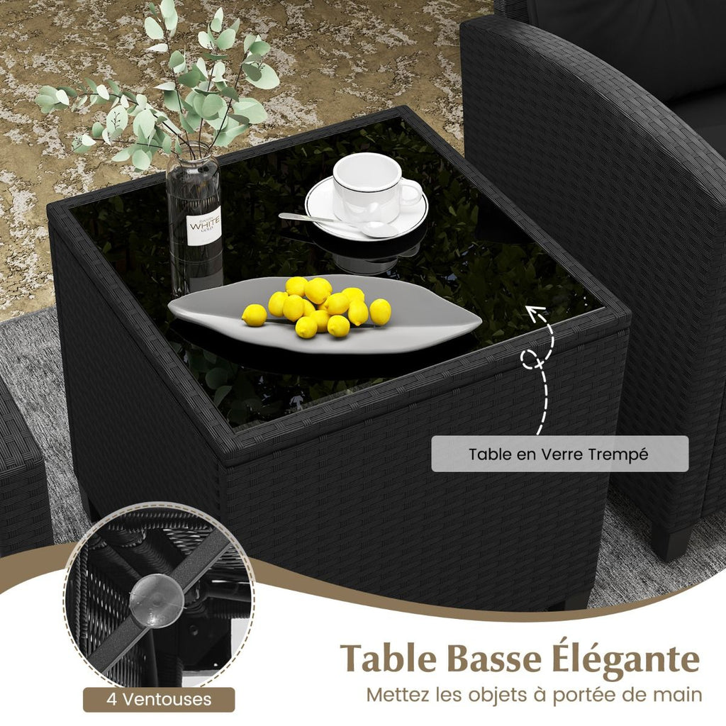 Ensemble de Meubles 3 Pices de Patio en Rotin Charge 180KG Salon de Jardin 2 Fauteuils Table Basse avec Plateau Noir/Beige/Blanc -