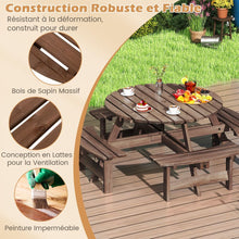 Load image into Gallery viewer, Ensemble Table de Pique-Nique en Bois pour 2 à 8 Personnes Set Table et Banc Circulaire avec 4 Bancs Intégrés Trou de Parasol de 5cm Marron/Jaune -