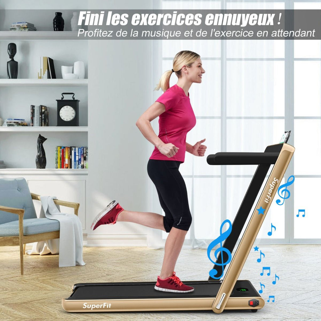 2 en 1 Tapis de Course Electrique Pliable 1 à 12 Km/H avec Haut-parleur Bluetooth Télécommande Moteur 0,75HP Vert/Blanc/Noir/Rouge/Or/Noir et Argenté/Bleu -