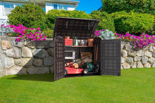 Load image into Gallery viewer, Duramax StoreAway 1200L Plastic Garden Shed/ Flat Lid,Outdoor Storage Shed,Wheelie Bin Hideaways,Wheelie bin box,Durable Construction,Ideal for Bikes,BBQs &amp; 2x 240L Bins,145x85x125 cm,Brown