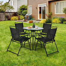 Load image into Gallery viewer, Ensemble Salon de Jardin 6 Pcs 4 Chaises Pliantes Table Basse en Verre et Parasol pour Terrasse Piscine Cour Noir -