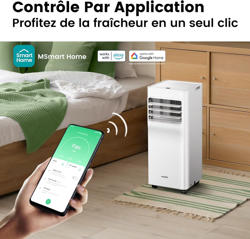 COMFEE' Climatiseur Mobile 9000 BTU/h 2,6kW, Contrôle APP, 3 Modes, 3 Vitesses de ventilation, Dimensions compactes, Pour pièces de 33㎡, Breezy Cool 2.6, Fonctionne avec Alexa