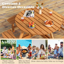 Load image into Gallery viewer, Ensemble Table de Pique-Nique en Bois pour 2  8 Personnes Set Table et Banc Circulaire avec 4 Bancs Intgrs Trou de Parasol de 5cm Marron/Jaune -