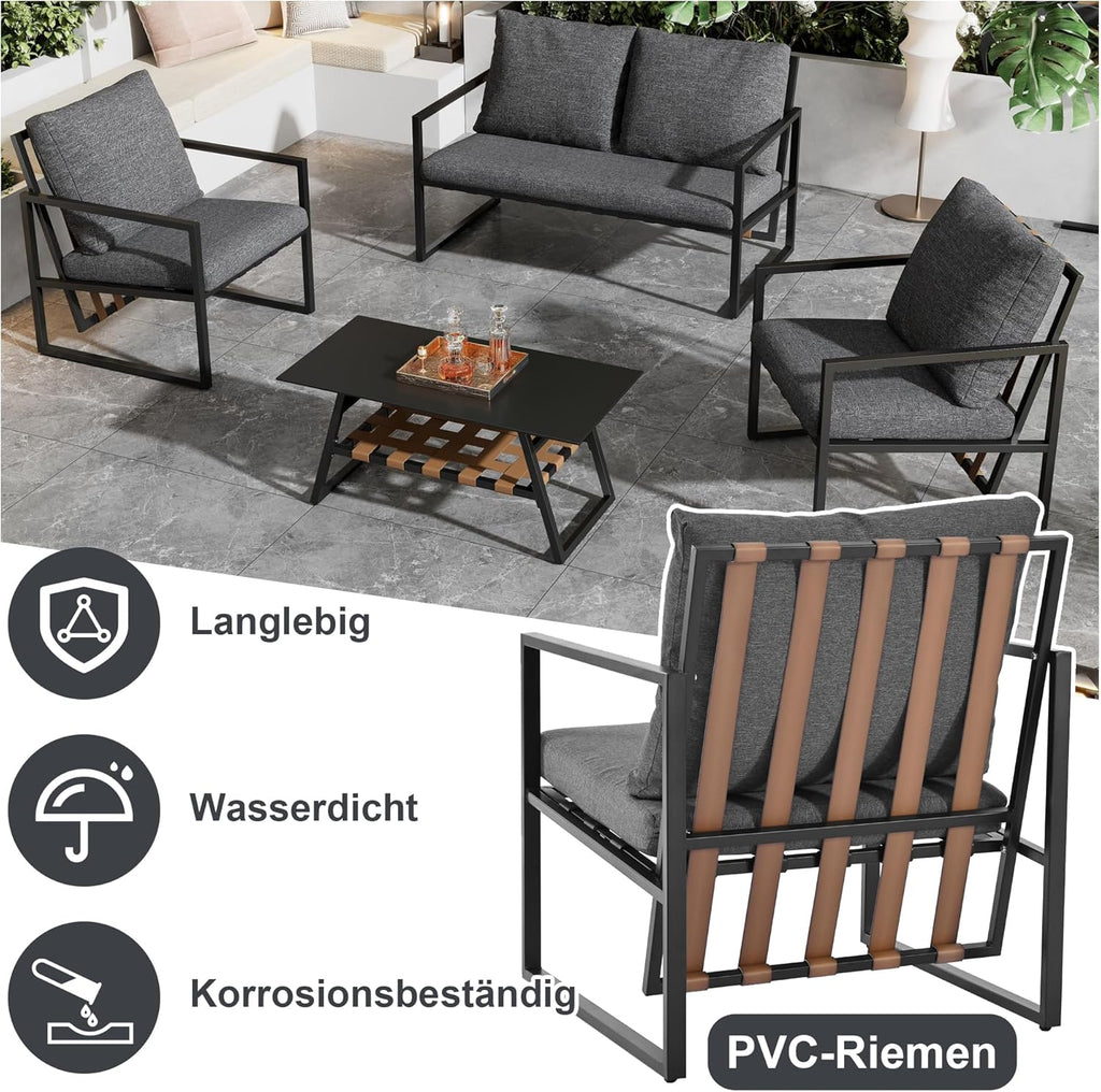 Salon de Jardin,Salon de Jardin 4 Personnes,avec canapé,Table Basse et Coussins,Housse en Tissu déhoussable et Lavable,Noir (Coussins d'assise Inclus)