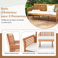 Load image into Gallery viewer, Banc de Terrasse en Bois 3 Places Banc en Acacia de 159 cm de Long avec Coussins d'Assise Doux Dossier et Accoudoirs Ergonomiques Blanc -